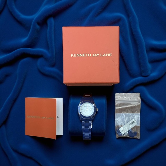 WOMEN'S KENNETH JAY LANE ANALOG CERAMIC BLUE BAND DRESS WATCH - Box - Directions - Picture 1 of 6